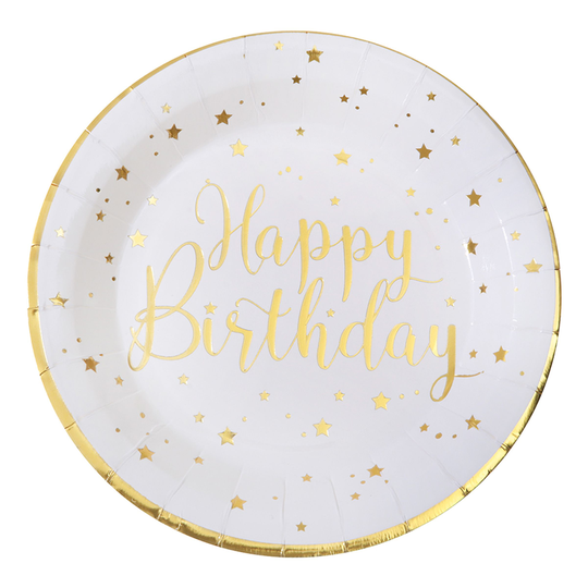Pahvilautaset Happy Birthday Kulta/Valkoinen - 10-pakkaus