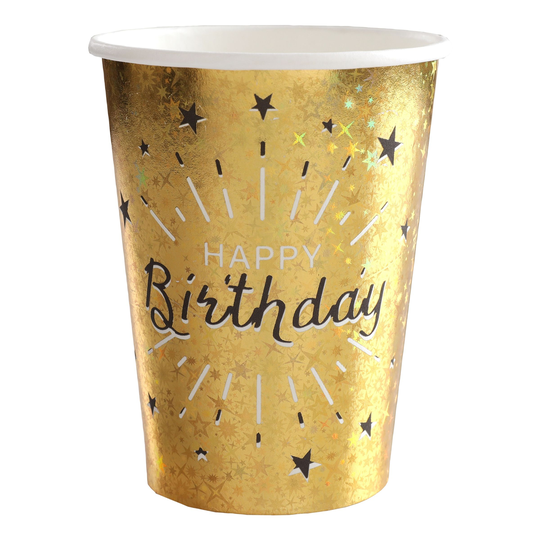 Pahvimukit Hohtava Happy Birthday Musta/Kulta - 10-pakkaus