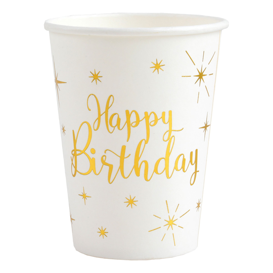 Pahvimukit Happy Birthday Valkoinen/Kulta - 10-pakkaus