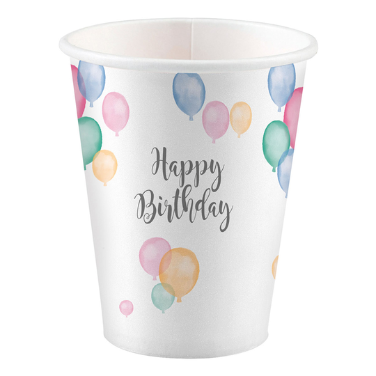 Pahvimukit Happy Birthday Pastelli - 8-pakkaus