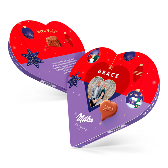 Jouluteemainen Milka-suklaasydän nimellä ja valokuvalla