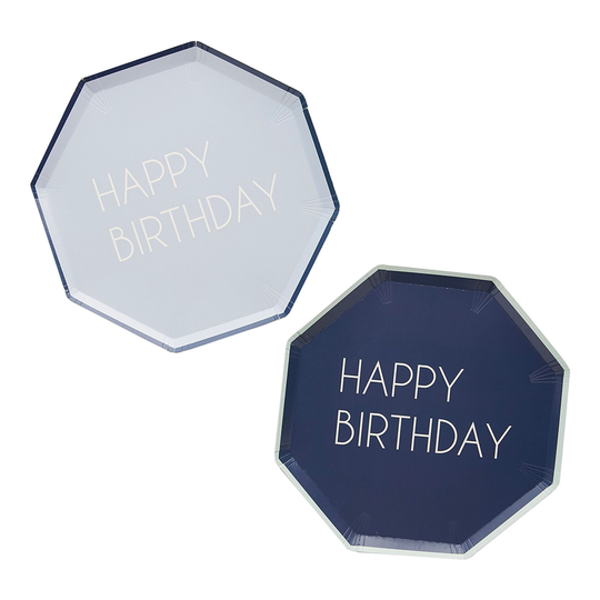 Pahvilautaset Happy Birthday Navy - 8-pakkaus