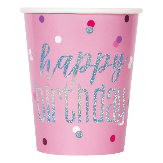 Pahvimukit Happy Birthday Vaaleanpunainen Hohtava - 216ml, 8-pakkaus