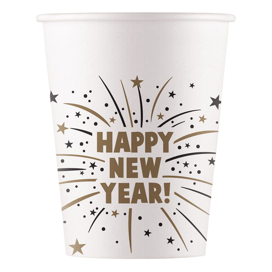Valkoiset Pahvimukit Happy New Year - 8-pakkaus