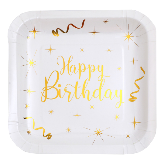 Pahvilautaset Happy Birthday Valkoinen/Kulta - 10-pakkaus