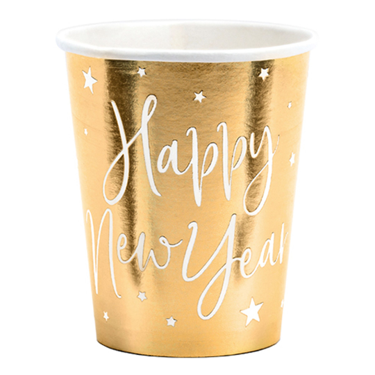 Pahvimukit Happy New Year Kulta - 6-pakkaus