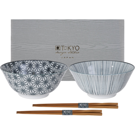 Tokyo Design Studio Nippon Black kulhosetti + syömäpuikot, tähtiä/viivoja